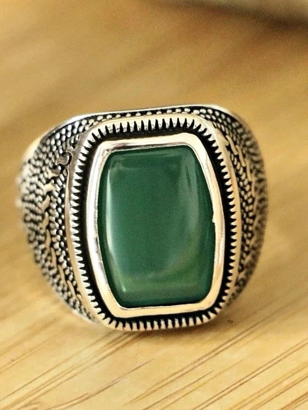 Turkish Handmade Sterling Silver Men's Ring w/Natural Green Agate sz14